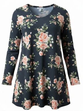 LULAROE | Floral Peach Green Long Sleeve Swing Tunic Top V-Neck Stretch | XL